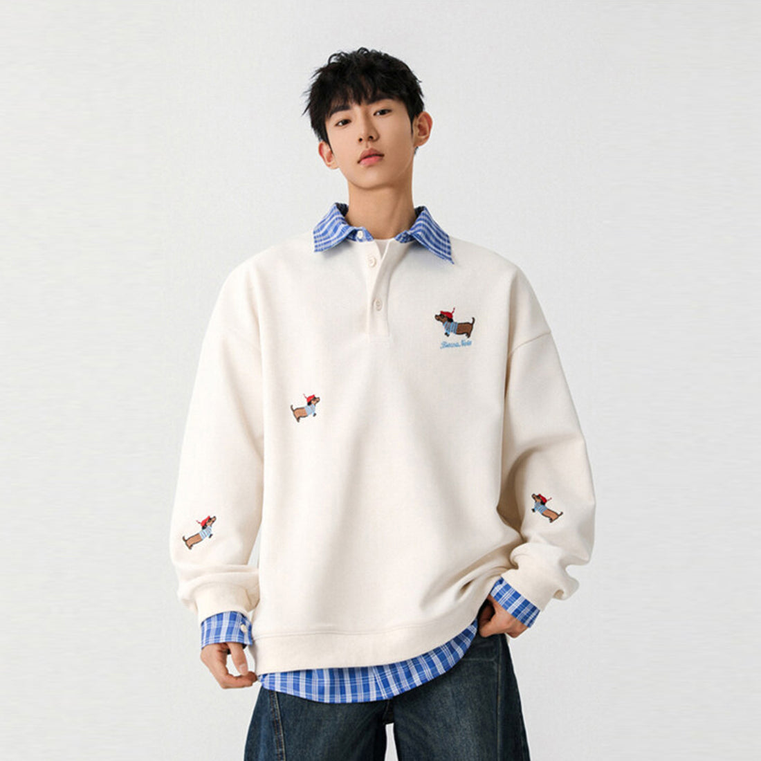 Embroidered Design Polo-neck Hoodie For Men