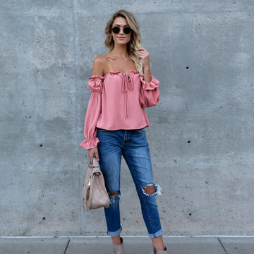 Top de mujer informal de gasa con hombros descubiertos y color liso